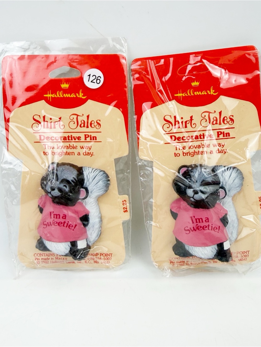 TWO Vtg 1982 Hallmark Pin Skunk Pink Shirt Tales Brooch New Sealed Sweetie